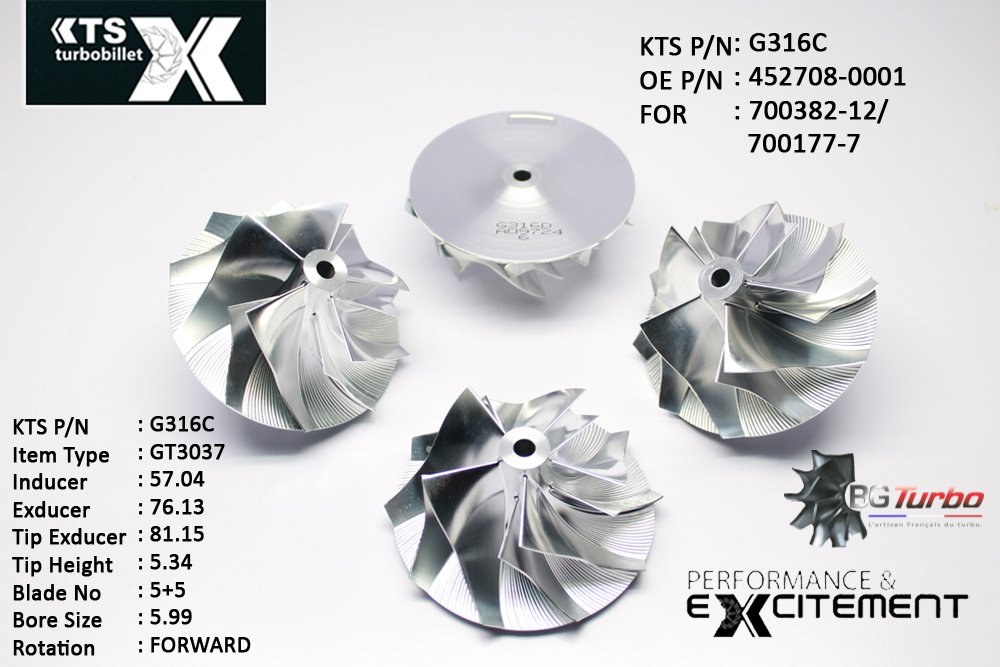 Turbo ROUE FORGÉE MFS PERFORMANCE - 5+5 PALES - INDUCER : 57,04 - EXDUCER : 76,13 - TYPE : GT3037ANGLE : 45° - ROTATION : Forward - SUPER BACK : 2,36 - BORE SIZE : 5,99
